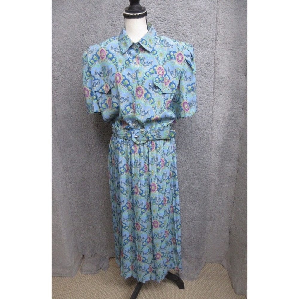 Vintage 90s Classics by Leslie Fay Pleated Dress Women 18 Blue Paisley Belted